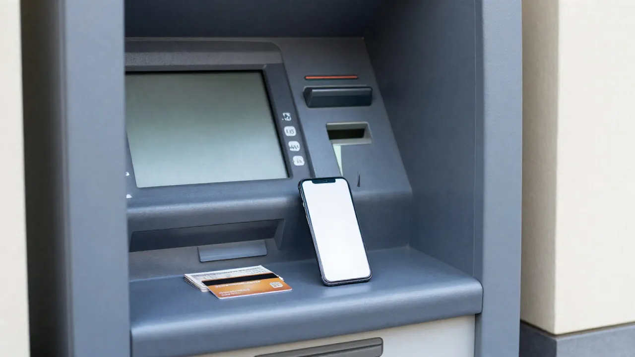 Bankomat, karta debetowa i telefon przy wypłacie gotówki