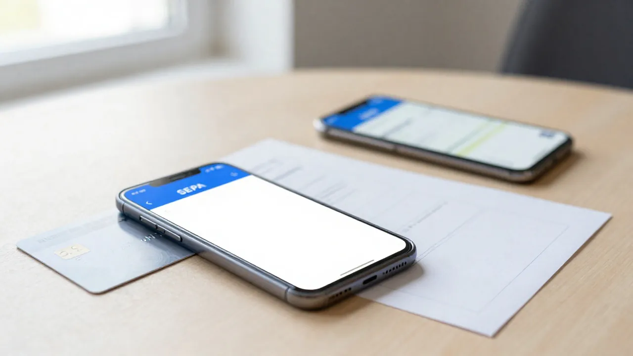Smartfon z potwierdzeniem przelewu SEPA w euro na biurku